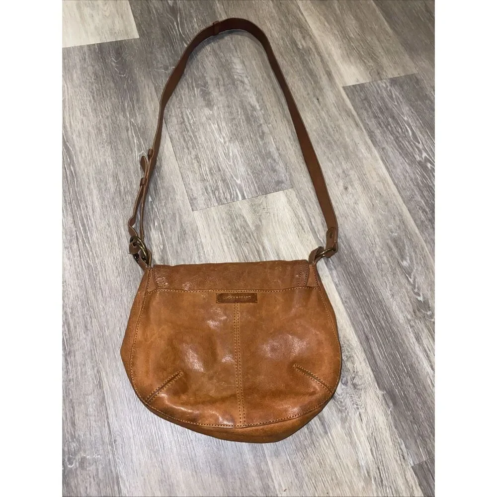 Lucky Brand Brown Goat Leather Saddle Bag Crossbody Purse Boho Classic - Picture 8 of 10